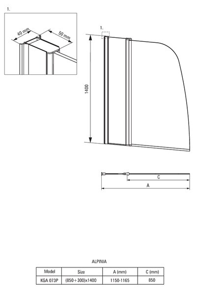Deante Alpinia, kádparaván 115x140 cm forgatható 1 lapos (85 cm forgó, 30 cm fix), átlátszó üveg EasyClean-nel, króm profil, KGA_072P