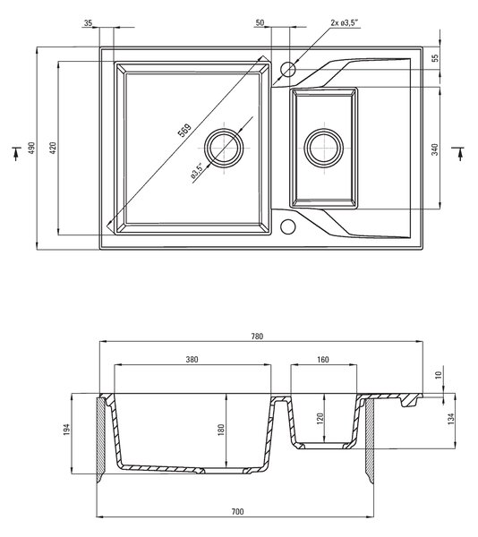 Deante Andante, gránit mosogató 780x490x194 mm + helytakarékos szifon, 1,5 kamrás, homokos, ZQN_7513
