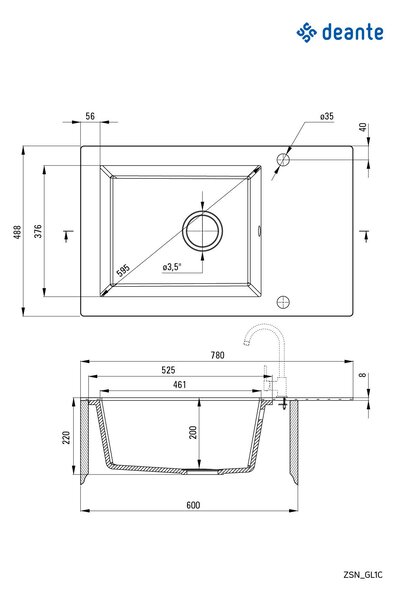 Deante Andante, 1 kamrás üveg-gránit mosogató 780x488x220 mm, szürke-grafit, DEA-ZSN_GL1C