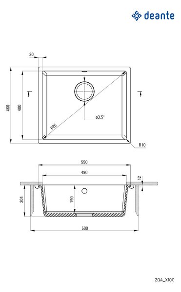 Deante Corda, gránit mosogató a lemez alatt 550x460x204 mm, 3,5 "+ helytakarékos szifon, 1 kamrás, fehér, ZQA_A10C
