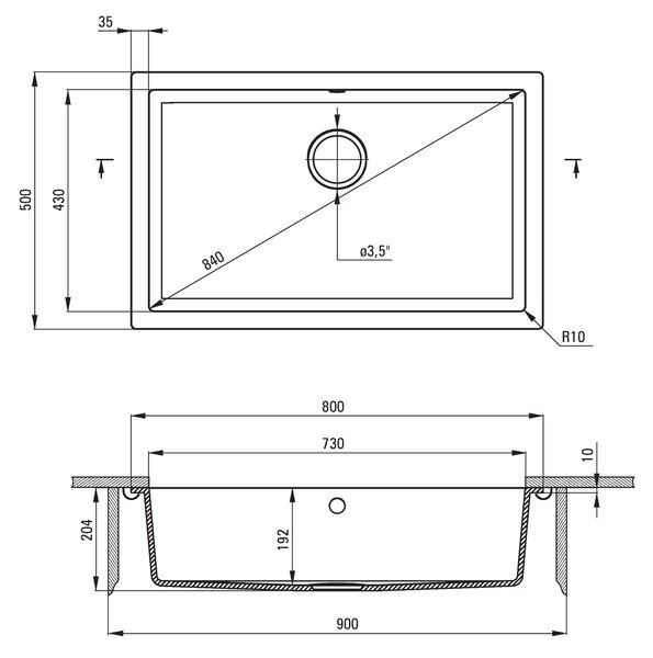 Deante Corda, gránit mosogató pult alatt 800x500x204 mm, 3,5"+ helytakarékos szifon, 1 kamrás, grafit metál, ZQA_G10D