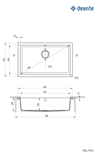 Deante Corda, gránit mosogató pult alatt 800x500x204 mm, 3,5"+ helytakarékos szifon, 1kamrás, fehér, ZQA_A10D