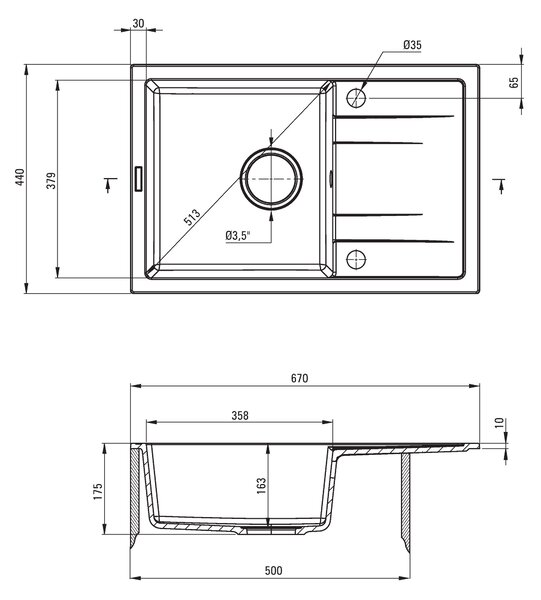 Deante Corio, gránit mosogató munkalaphoz 670x440x175 mm + mosogató csaptelep flexi karral króm-fekete + 3,5"+ helytakarékos szifon, 1 kamrás, grafit…