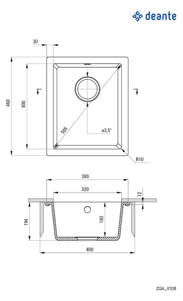 Deante Corda, gránit mosogató a lemez alatt 380x460x194 mm, 3,5 "+ helytakarékos szifon, 1 kamrás, szürke, ZQA_S10B