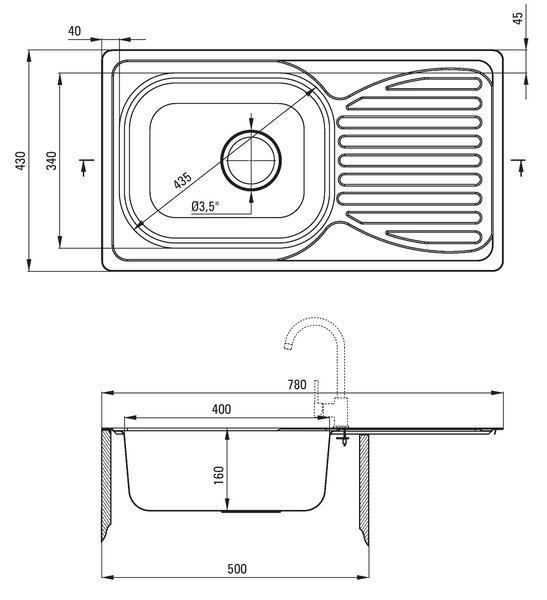 Deante Doppio, rozsdamentes acél munkalap mosogató 1 kamrás Z/O 780x430x160 3,5" + szifon, szatén mintás, ZEN_0113