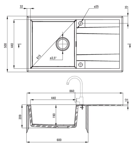 Deante Eridan, gránit munkalap 860x500x203 mm Z / O, 3,5 "+ helytakarékos szifon, 1 kamrás, fekete, ZQE_N113