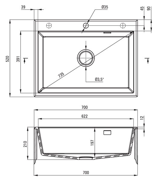 Deante Eridan, gránit munkalap 700x520x210 mm, 3,5"+ helytakarékos szifon, 1kamrás, szürke, ZQE_S103