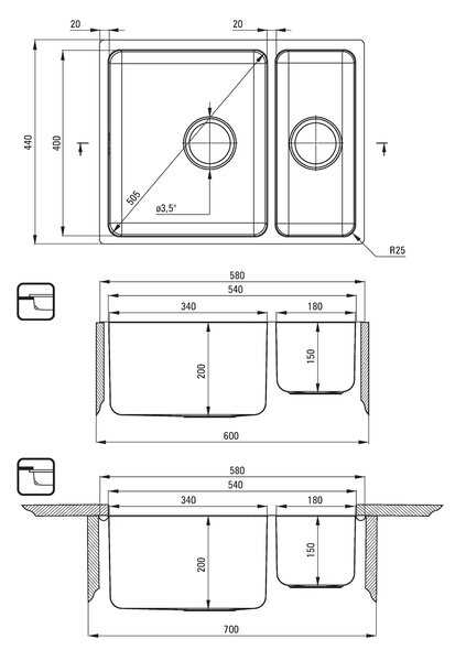 Deante Egeria, rozsdamentes acél lemez alatti mosogató 1,5 kamrás B/O 570x440x200 3,5" + helytakarékos szifon, szatén mintás, ZPE_050C