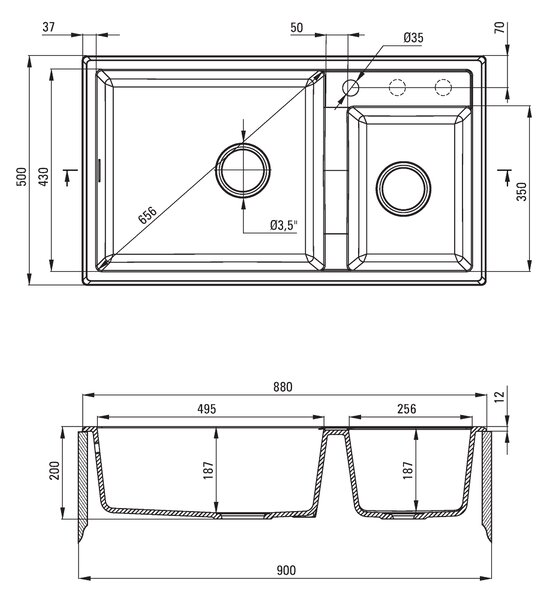 Deante Eridan, gránit mosogató munkalaphoz 880x500x200 mm, 3,5"+ helytakarékos szifon, 2 kamrás, antracit metál, ZQE_T20B