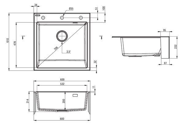 Deante Eridan Farmerski, gránit munkalap 600x610x214 mm, 3,5"+ helytakarékos szifon, 1kamrás, szürke, ZQE_S10K