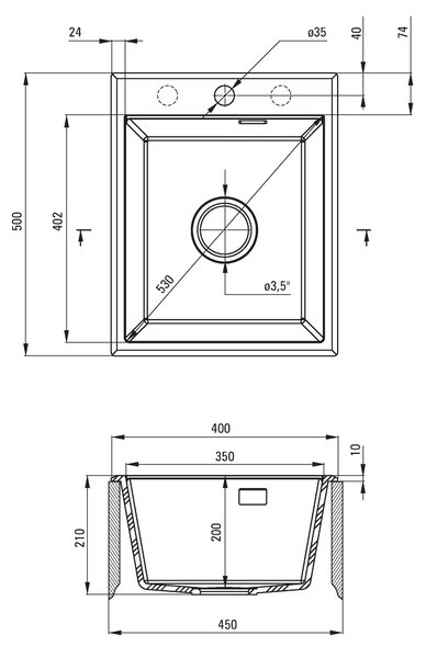 Deante Eridan, gránit munkalap 400x500x212 mm, 3,5"+ helytakarékos szifon, 1kamrás, fekete, ZQE_N104