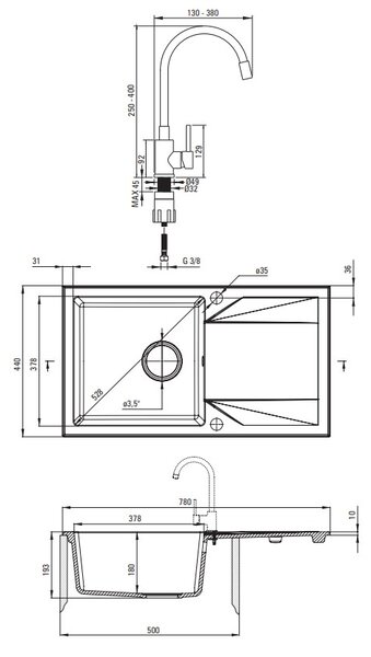 Deante Evora, 1 rekeszes gránit mosogató lefolyóval 780x440x193 mm és Luno konyhai csaptelep rugalmas karral, fekete, DEA-ZQJJN113