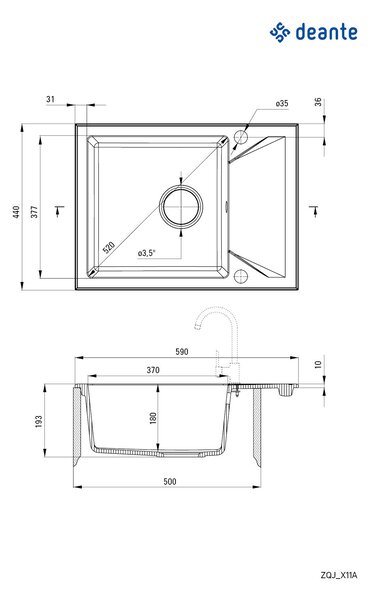 Deante Evora, gránit munkalap 590x440x193 mm Z / KO, 3,5"+ helytakarékos szifon, 1kamrás, fekete, ZQJ_N11A