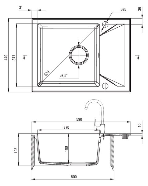 Deante Evora, gránit munkalap 590x440x193 mm Z / KO, 3,5"+ helytakarékos szifon, 1kamrás, antracit metál, ZQJ_T11A