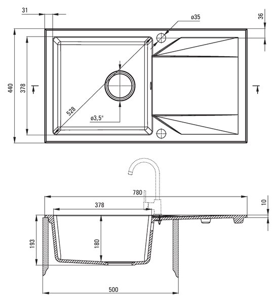 Deante Evora, gránit munkalap 780x440x193 mm, 3,5"+ helytakarékos szifon, 1kamrás, szürke, ZQJ_S113