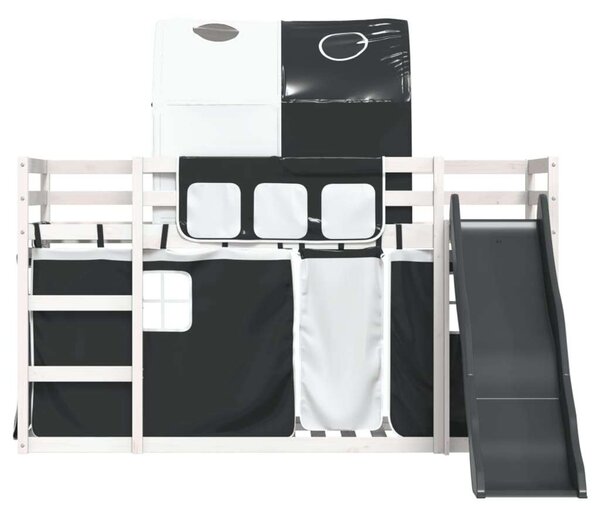 VidaXL fehér-fekete emeletes ágy csúszdával és függönnyel 90 x 200 cm