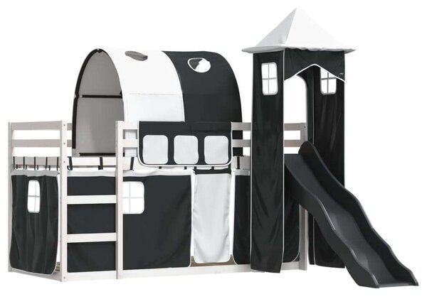 VidaXL fehér-fekete emeletes ágy csúszdával és függönnyel 90 x 200 cm