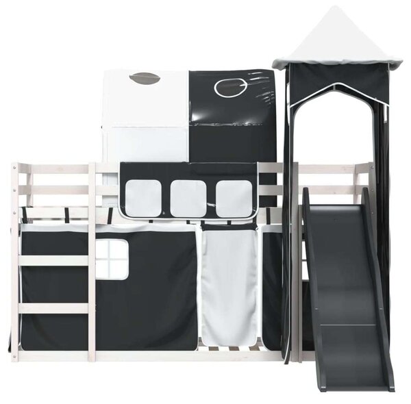 VidaXL fehér-fekete emeletes ágy csúszdával és függönnyel 90 x 200 cm