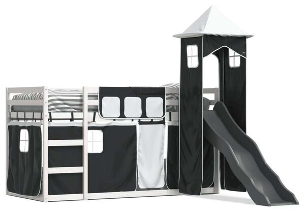 VidaXL fehér-fekete emeletes ágy csúszdával és függönnyel 90 x 200 cm