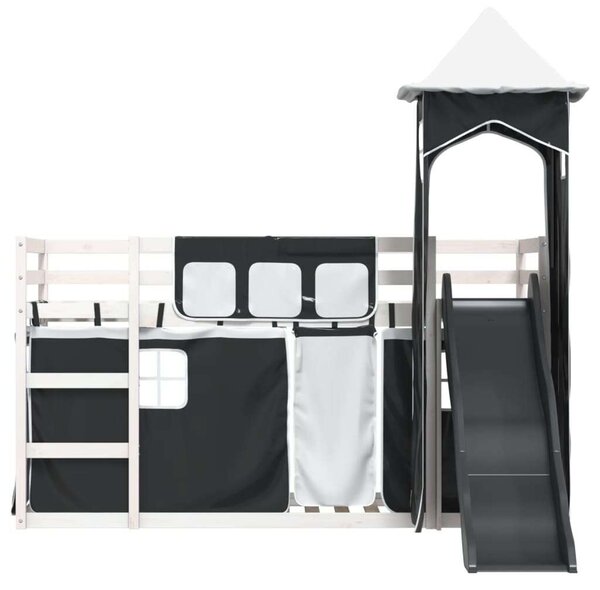 VidaXL fehér-fekete emeletes ágy csúszdával és függönnyel 90 x 200 cm