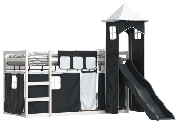 VidaXL fehér-fekete emeletes ágy csúszdával és függönnyel 90 x 200 cm
