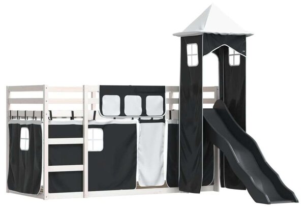 VidaXL fehér-fekete emeletes ágy csúszdával és függönnyel 90 x 200 cm