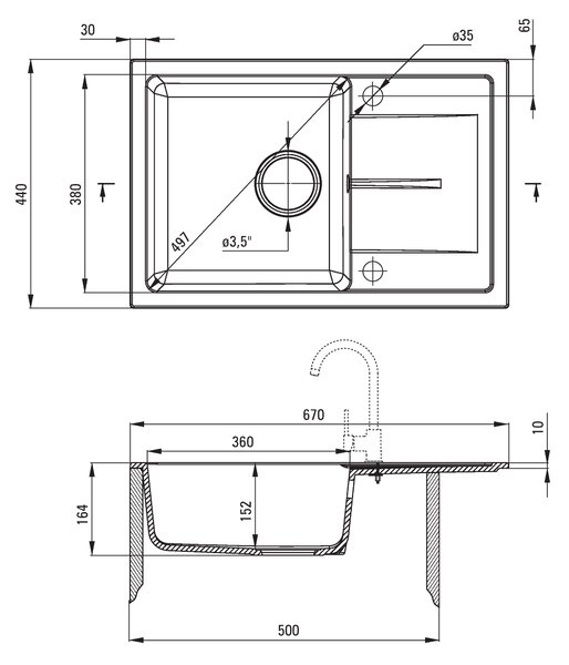 Deante Leda, gránit munkalap 670x440x164 mm Z / O, 3,5 "+ szifon, 1 kamrás, bézs, ZRD_5113
