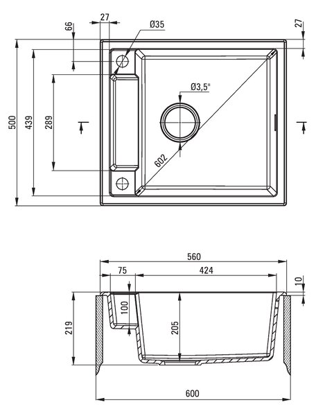 Deante Magnetic, gránit munkalap 560x500x219 mm, 3,5"+ helytakarékos szifon, 1kamrás, szürke, ZRM_S103
