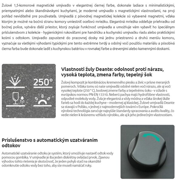 Deante Mágneses, gránit munkalap mosogató 690x500x219 mm, 3,5"+ helytakarékos szifon, 1,5 kamrás, fekete, ZRM_N503