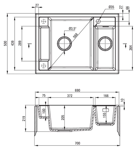 Deante Mágneses, gránit munkalap mosogató 690x500x219 mm, 3,5"+ helytakarékos szifon, 1,5 kamrás, fehér, ZRM_A503
