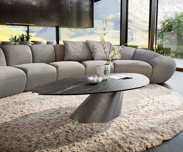 DELIFE Dohányzóasztal Edge organikus 140x76 cm Laminam® kerámia Noir Desir barna Conis metál ezüst