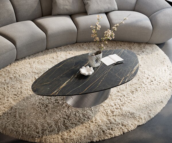 DELIFE Dohányzóasztal Edge organikus 140x76 cm Laminam® kerámia Noir Desir barna Conis metál ezüst