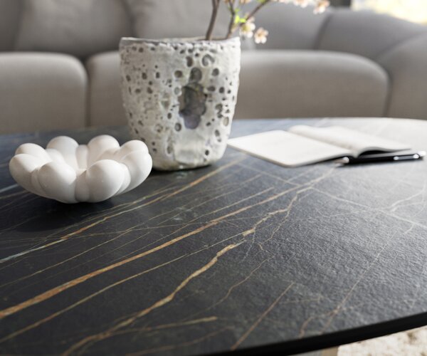 DELIFE Dohányzóasztal Edge organikus 140x76 cm Laminam® kerámia Noir Desir barna Conis metál ezüst