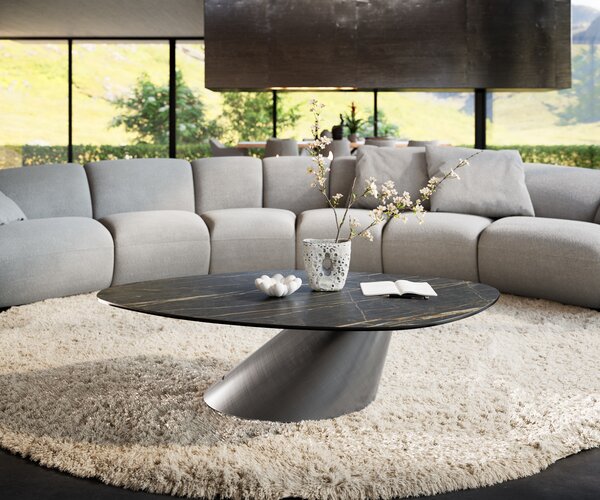 DELIFE Dohányzóasztal Edge organikus 140x76 cm Laminam® kerámia Noir Desir barna Conis metál ezüst