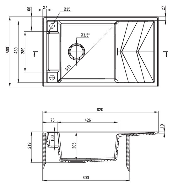 Deante Mágneses, gránit munkalap 820x500x219 mm Z / O, 3,5 "+ helytakarékos szifon, 1 kamrás, grafit fém, ZRM_G113