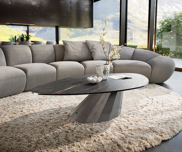 DELIFE Dohányzóasztal Edge organikus 140x76 cm Laminam® kerámia Noir Desir barna Parabi metál ezüst