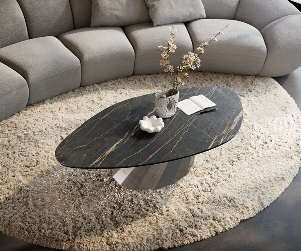DELIFE Dohányzóasztal Edge organikus 140x76 cm Laminam® kerámia Noir Desir barna Parabi metál ezüst