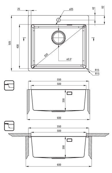 Deante Olfato, rozsdamentes acél lemez alatti mosogató 1 kamrás B/O 550x505x200 3,5" + helytakarékos szifon, szálcsiszolt szatén minta, ZPO_010B