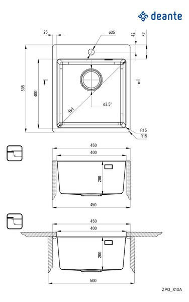 Deante Olfato, rozsdamentes acél lemez alatti mosogató 1 kamrás B/O 450x505x200 3,5" + helytakarékos szifon, szálcsiszolt szatén minta, ZPO_010A