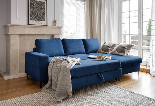 Sötétkék kordbársony kinyitható sarokkanapé (jobb oldali) Lofty Lilly – Miuform