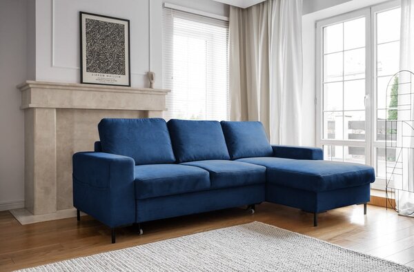 Sötétkék kordbársony kinyitható sarokkanapé (jobb oldali) Lofty Lilly – Miuform
