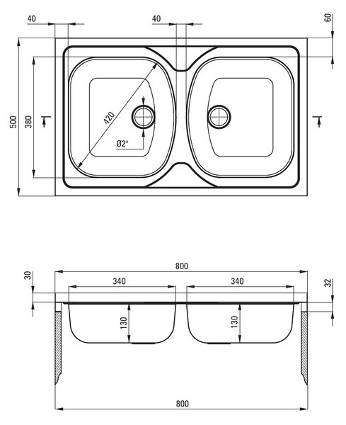 Deante Tango, rozsdamentes acél munkalap mosogató 2 kamrás B/O 800x500x130 2" + szifon, szatén mintás csíkokkal, ZM5_020N