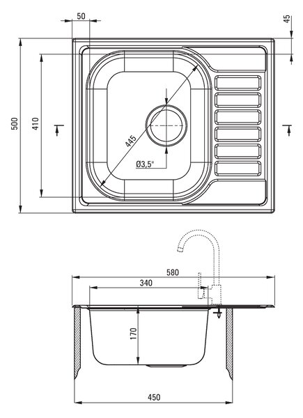 Deante Soul, rozsdamentes acél munkalap mosogató 1 kamrás Z/KO 580x500x170 3,5" + szifon, szatén mintás, ZEO_011A