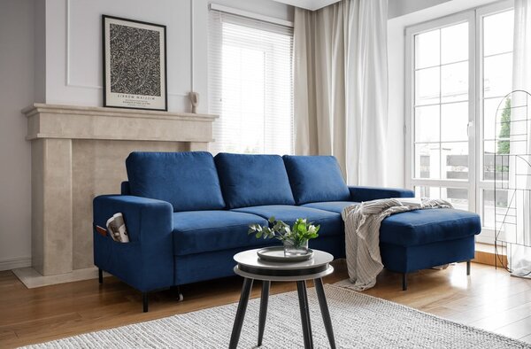 Sötétkék kordbársony kinyitható sarokkanapé (jobb oldali) Lofty Lilly – Miuform