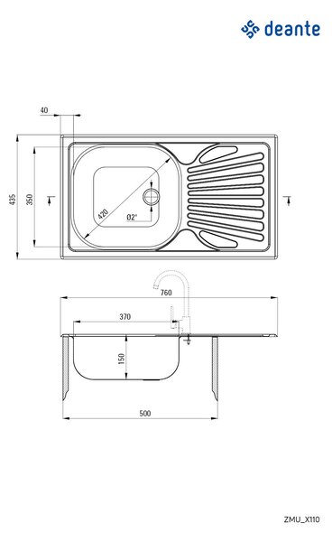 Deante Techno, rozsdamentes mosogató 1 kamrás munkalaphoz Z / O 760x435x150 2 "+ szifon, szatén mintás, ZMU_0110