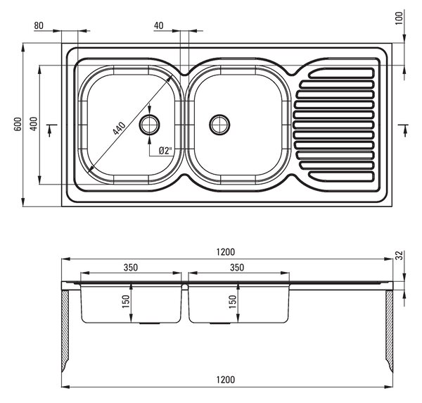Deante Tango, rozsdamentes acél munkalap mosogató 2 kamrás Z/O 1200x600x150 2" + szifon, szatén mintás, ZE6_0210