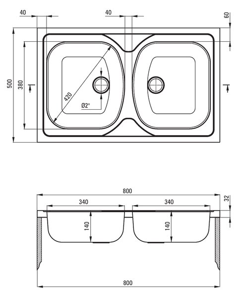 Deante Tango, rozsdamentes acél munkalap mosogató 2 kamrás B/O 800x500x140 2" + szifon, szatén mintás, ZM5_0200