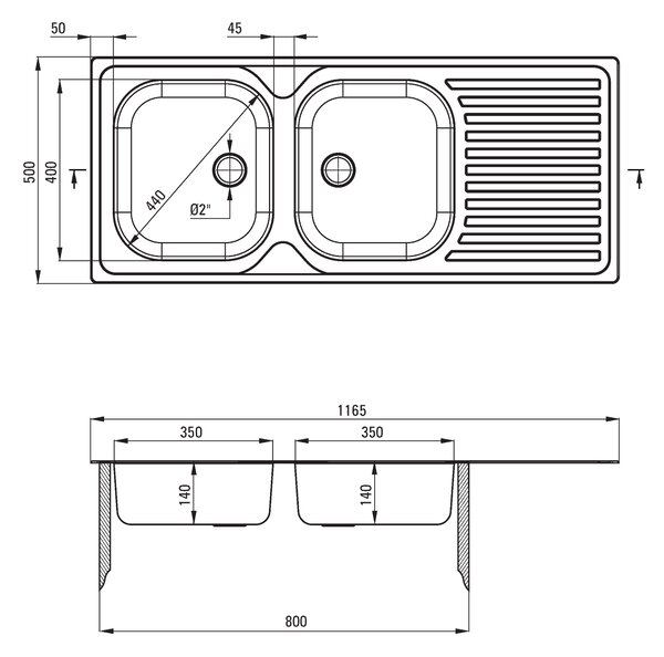 Deante Techno, rozsdamentes acél munkalap mosogató 2 kamrás Z/O 1165x500x140 2" + szifon, szatén mintás, ZEU_0210