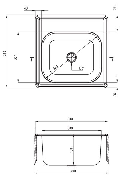 Deante Techno, rozsdamentes acél munkalap mosogató 1 kamrás B/O 380x380x160 2" + szifon, szatén mintás, ZMU_0100