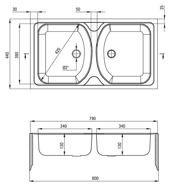 Deante Techno, rozsdamentes acél munkalap mosogató 2 kamrás B/O 790x440x130 2" + szifon, szatén mintás, ZMU_0200